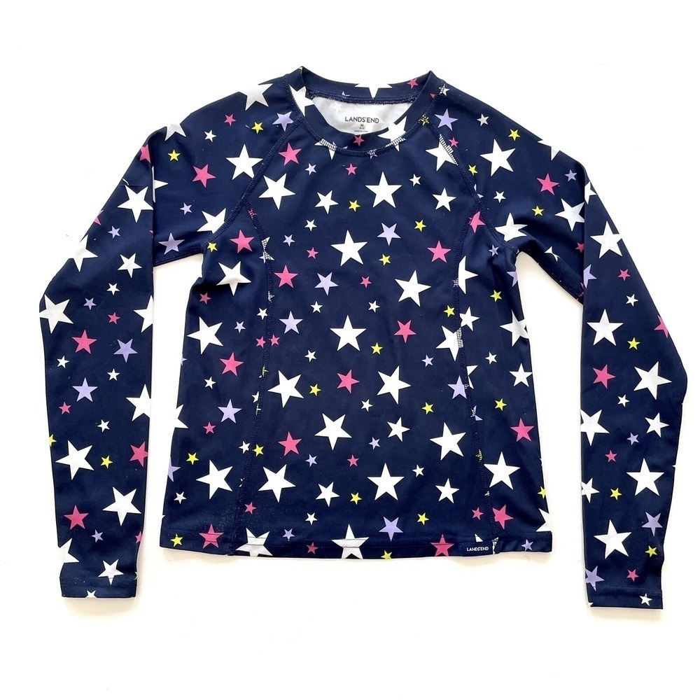 Lands' End Girls 10/12 Navy Star Print Base Layer Long Sleeve Athletic Tee Shirt